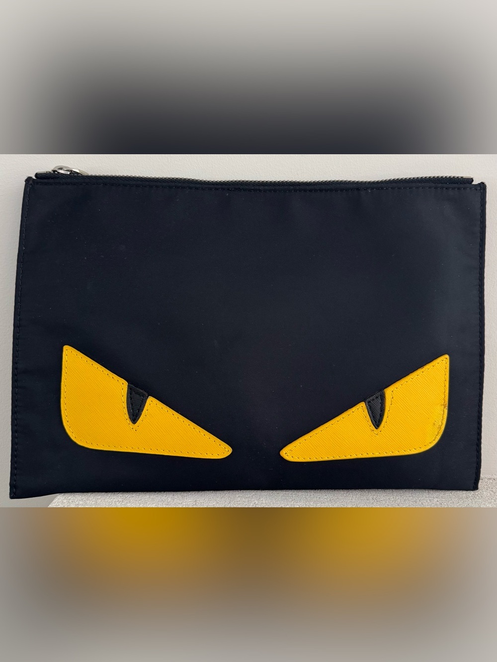FENDI Monster Bag Bugs Black Nylon Zip Pouch Clutch Yellow Eyes Italy